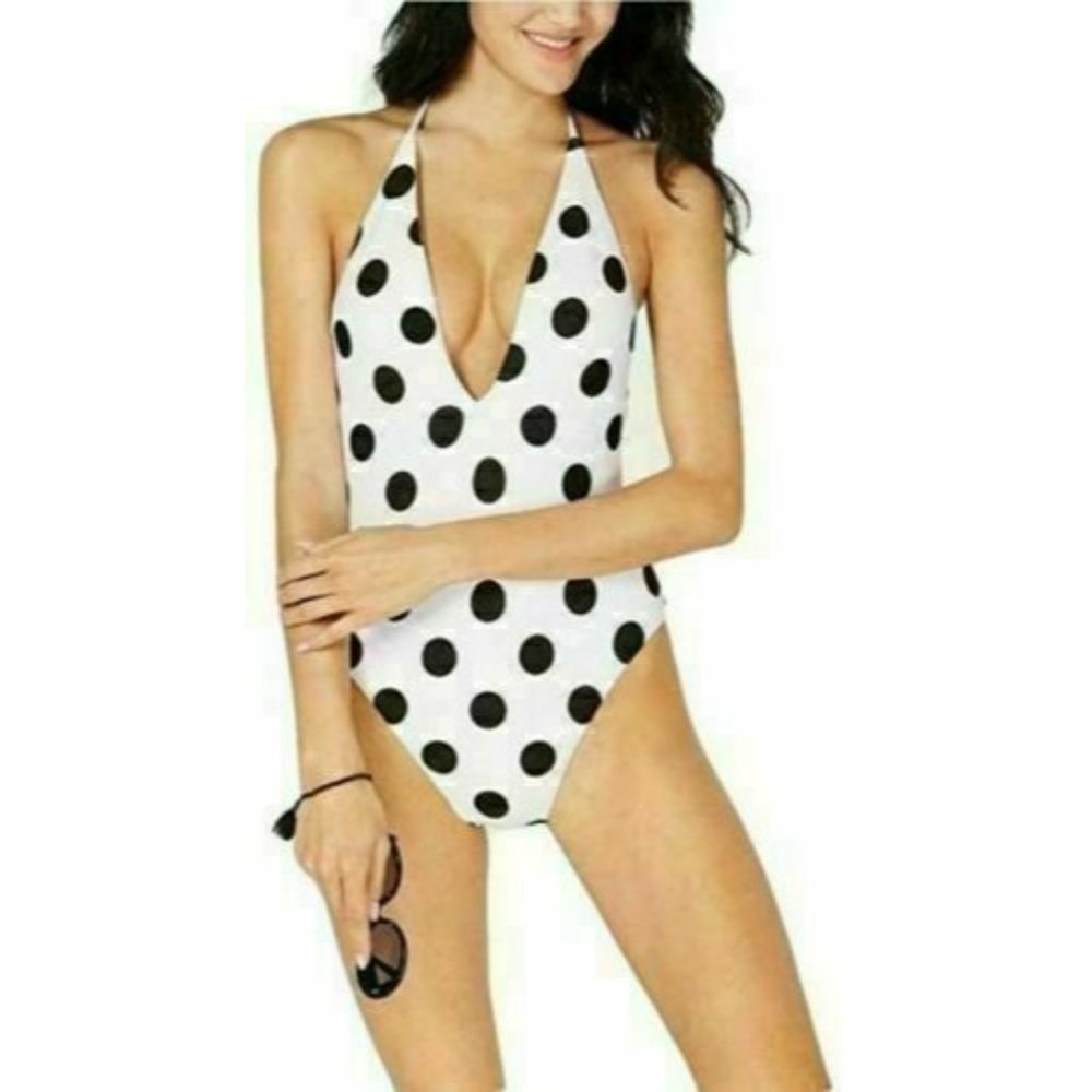 New $88 BAR III Women's One Piece Halter Swimsuit White w/ Black Polka Dots XL
